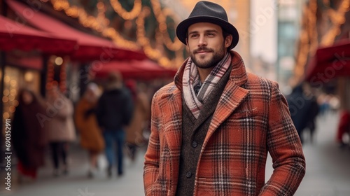 A mature fashion man with an unshaven black beard looking dapper in an elegant plaid wool coat and turtleneck sweater and scarf, hat, on European outdoor street background, copy space