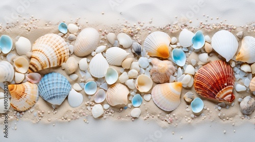 Top view of a sandy beach with exotic seashells and starfish as natural textured background for aesthetic summer design © JW Studio