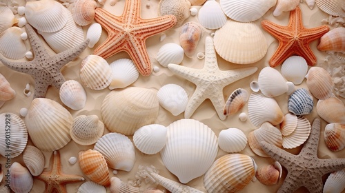Top view of a sandy beach with exotic seashells and starfish as natural textured background for aesthetic summer design