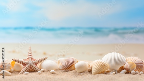 Summer beach with strafish and shells background, fresh summer travel backgrounds with copy space.