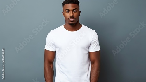 Handsome young black male wearing white blank cotton t-shirt with space for your logo or design generative ai