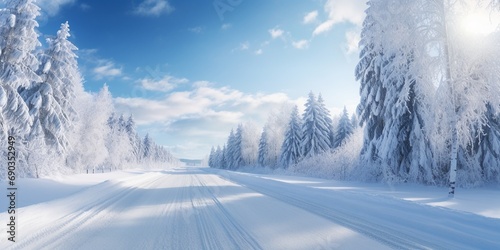 Winter snowy panorama on the road along coniferous forest landscape background, snow covered road on sunny day on rural area backgrounds. © JW Studio