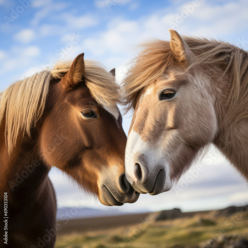 two icelandic horses kiss each other.