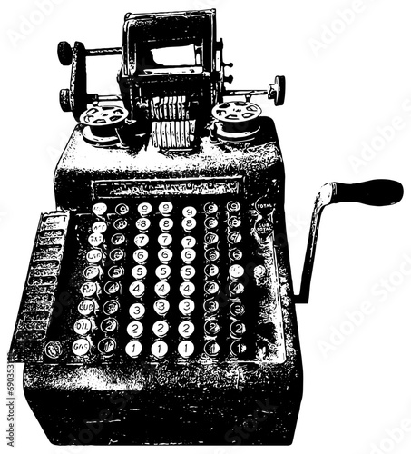 Vintage adding machine sketch in black, isolated 