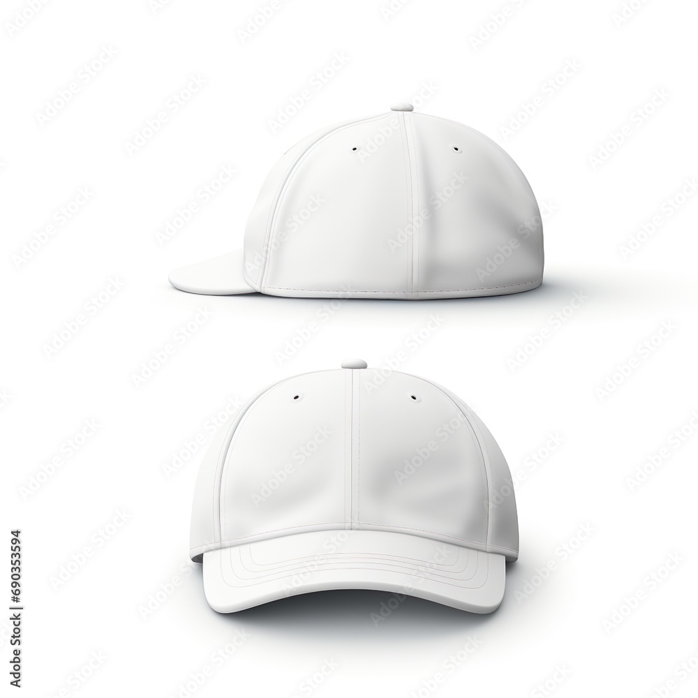 White cap Mockup, realistic style front and back on white background - Generative AI White cap Mockup, realistic style front and back on white background - Generative AI