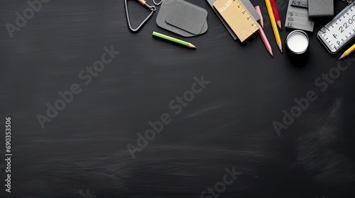 school supplies in minimalist style on black chalkboard background