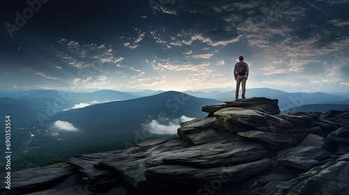 landscape and a man standing in the abyss of hell at night