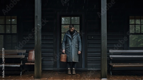 stylish male traveler on the porch of a wooden house in the rain