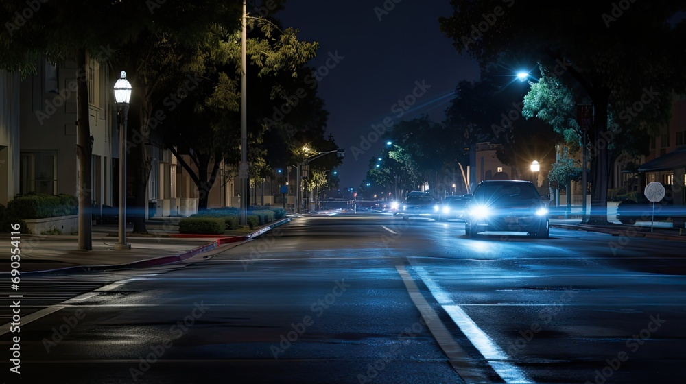car with headlights on, driving through the night city from a bird's eye view, top view
