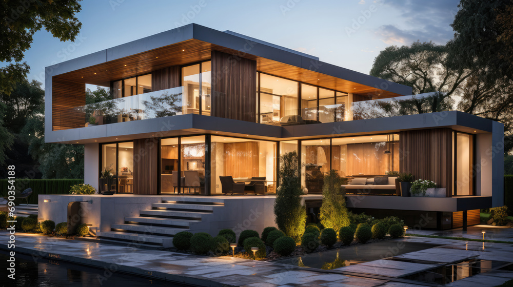 Sleek modern minimalist house bathed in the warm glow of evening light, a vision of contemporary elegance and tranquility