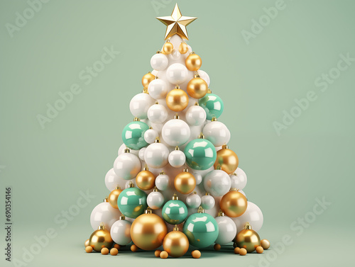 Realistic 3d Christmas tree with glossy balls of different colors on pastel background. Abstract illustration for new year   s decoration. Front view.