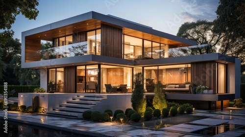 Sleek modern minimalist house bathed in the warm glow of evening light, a vision of contemporary elegance and tranquility