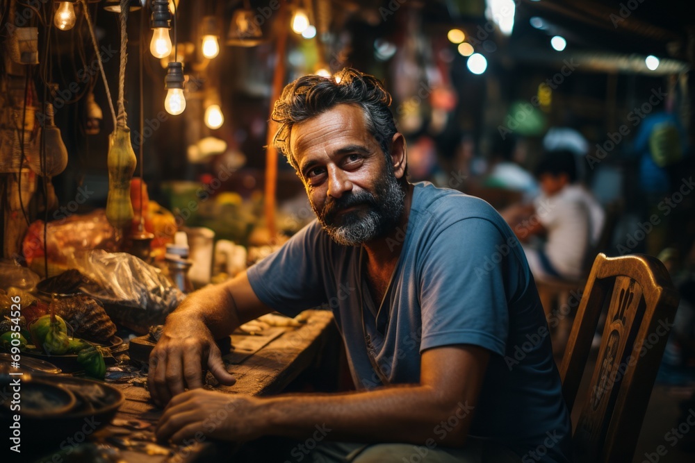 Street vendor sits on a chair and poses, close-up picture.Generated AI.