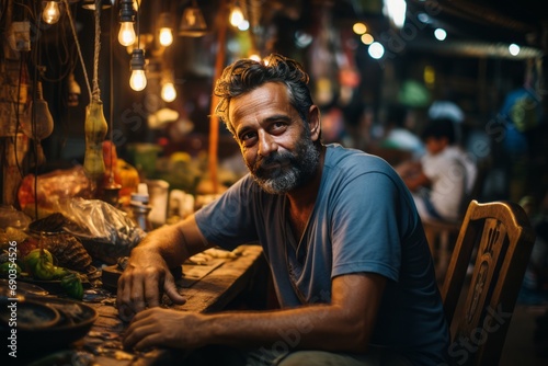 Street vendor sits on a chair and poses, close-up picture.Generated AI.