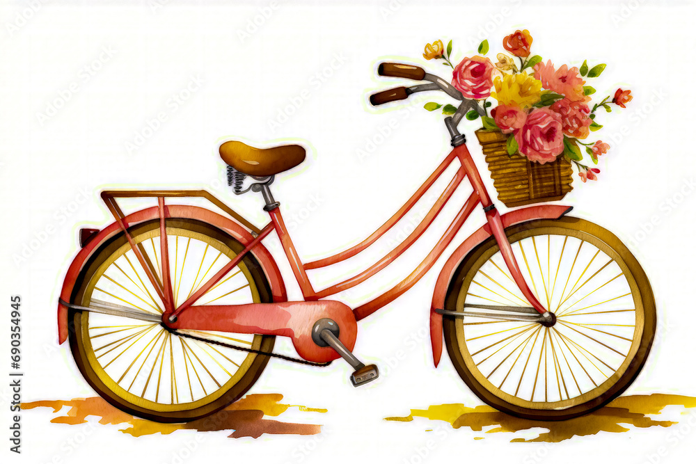 Pink bicycle with basket of flowers on the front and basket of flowers on the back.