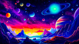 Painting of planets in the sky with mountains and body of water.