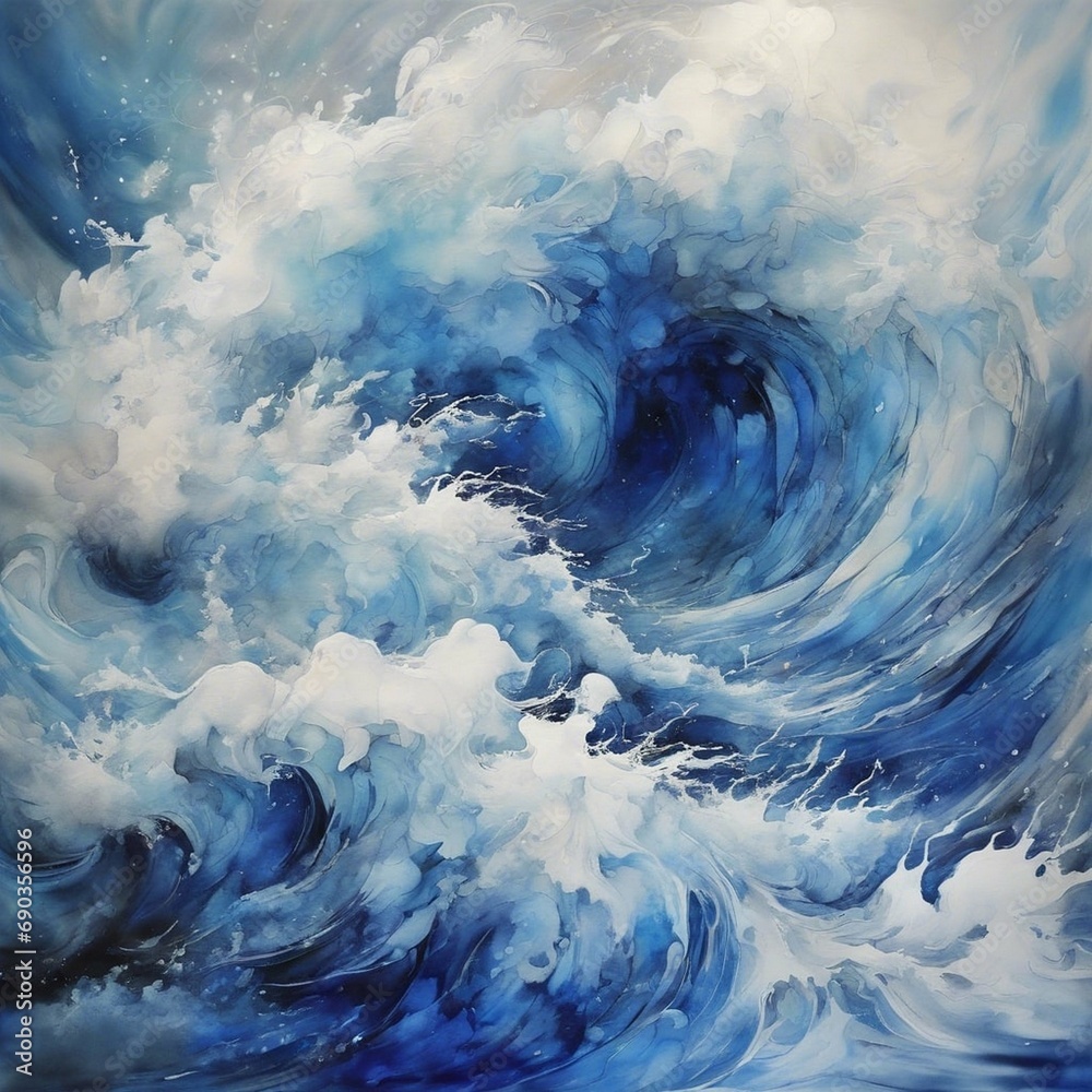 watercolor with storm of sea, sea waves painting, blue and white contemporary art, dynamic, stylized, detailed, high resolution