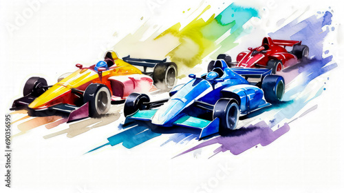 Painting of two racing cars in race with smoke coming out of the tires.