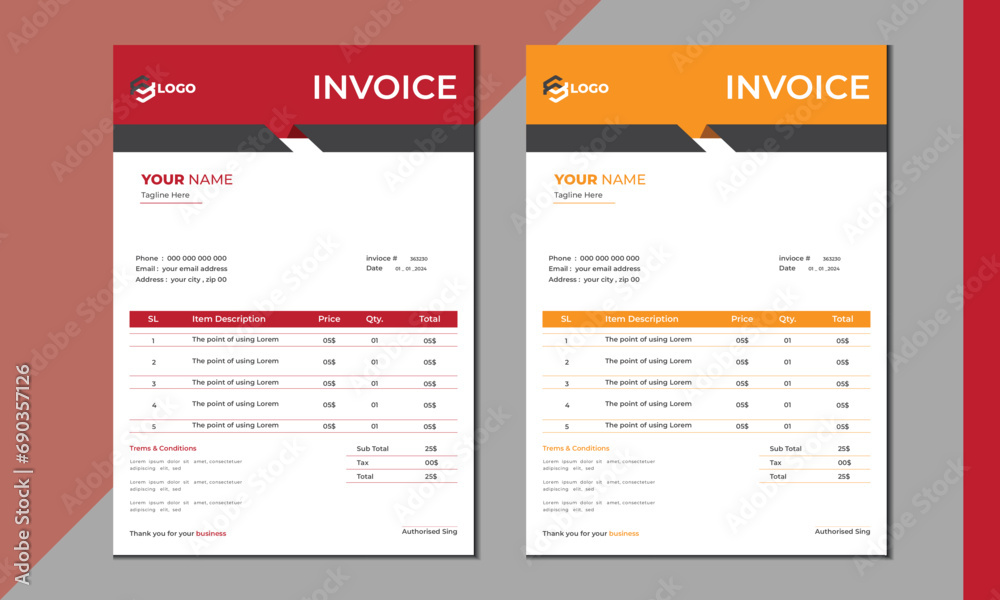  invoice vector template design. modern invoice template design.