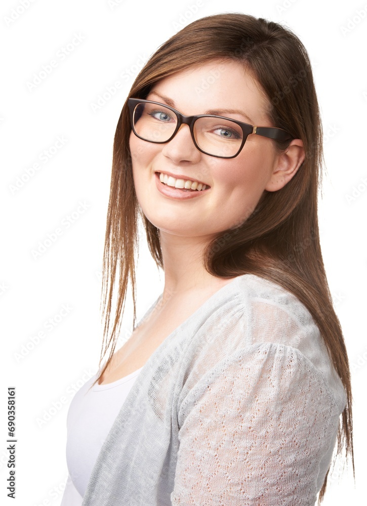 Portrait, smile and glasses for vision with a woman in studio isolated on a white background for optometry. Face, eyewear and a happy young person with prescription frame lenses for optical eyesight Portrait, smile and glasses for vision with a woman in studio isolated on a white background for optometry. Face, eyewear and a happy young person with prescription frame lenses for optical eyesight