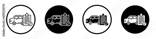 Car repair check list icon set. vehicle test report vector symbol. registration document sign. auto inspection or maintenance paper icon in black filled and outlined style. photo