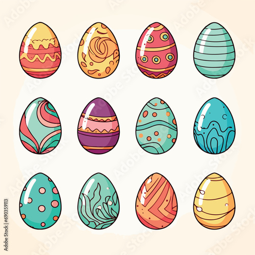9 easter eggs flat vector illustration. 9 easter eggs hand drawing isolated vector illustration