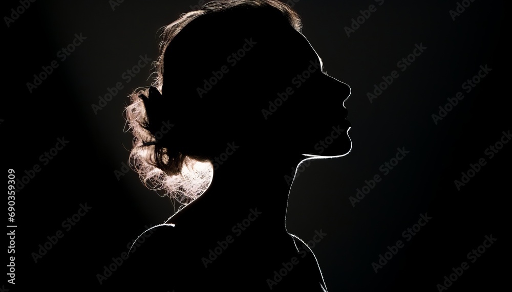 a silhouette of a female head with shoulders, nose up, hair tied in a plait - obrazy, fototapety, plakaty 