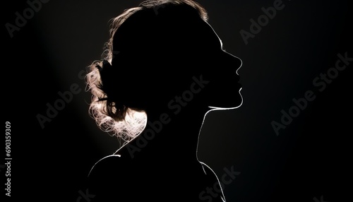 a silhouette of a female head with shoulders, nose up, hair tied in a plait