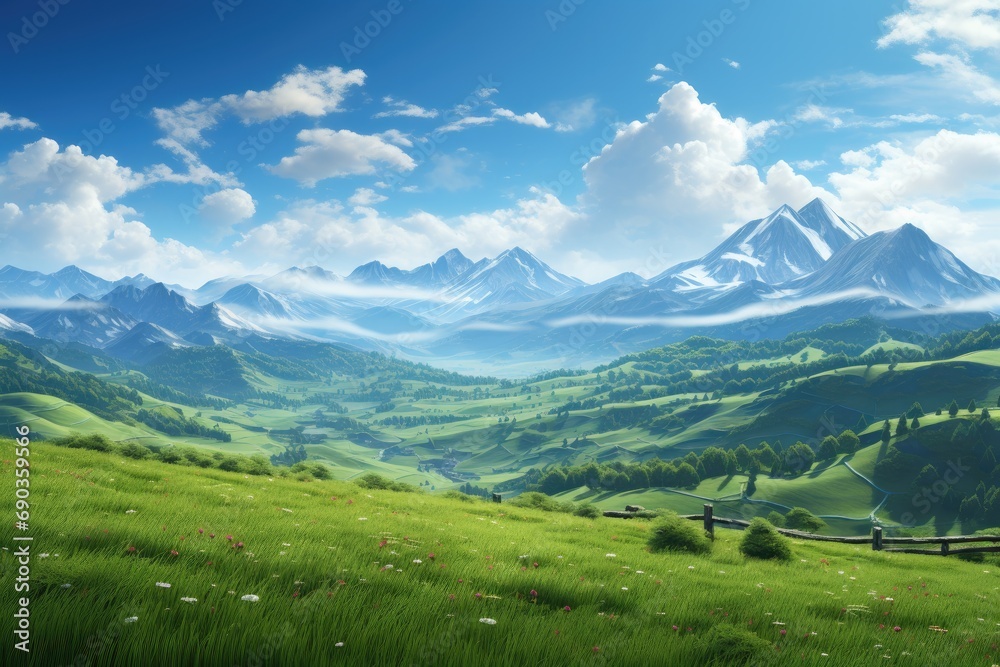 a beautiful mountain vista over beautiful green grass and sun