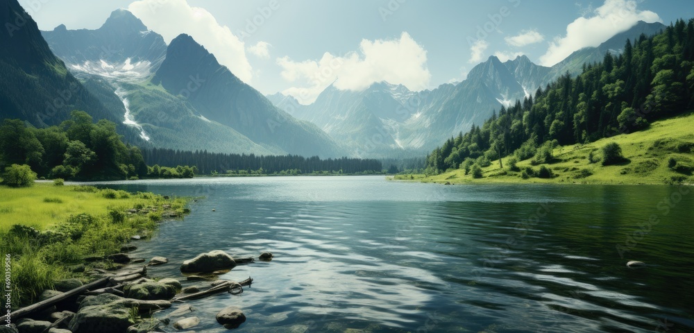 a beautiful scene with a lake and mountains
