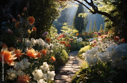 a beautiful garden with white flowers and sunlight