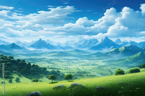 a beautiful mountain vista over beautiful green grass and sun