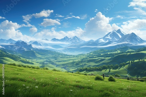 a beautiful mountain vista over beautiful green grass and sun