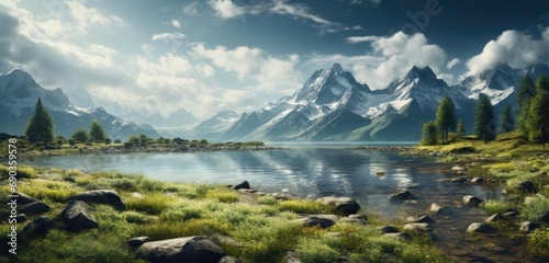 a beautiful scene with a lake and mountains