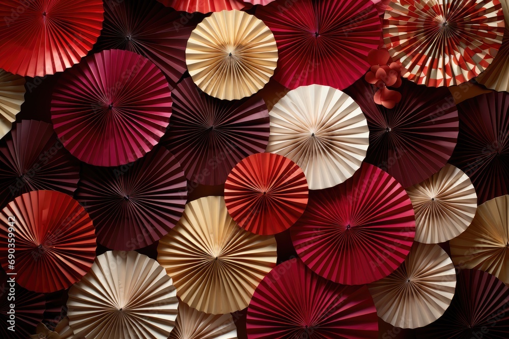 a collection of paper fans arranged in a pattern