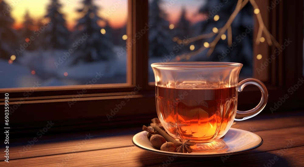 a cup of hot mulled wine sitting on the window sill