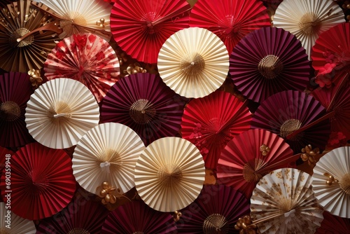 a collection of paper fans arranged in a pattern
