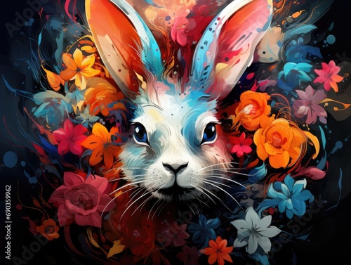 a colorful bunny looking at the camera