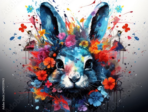 a colorful bunny looking at the camera