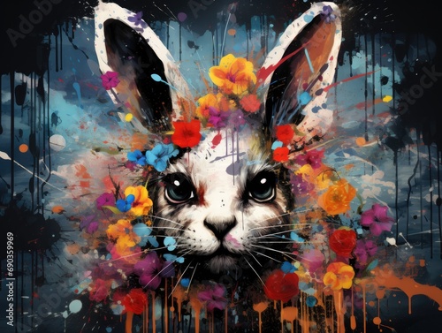 a colorful bunny looking at the camera