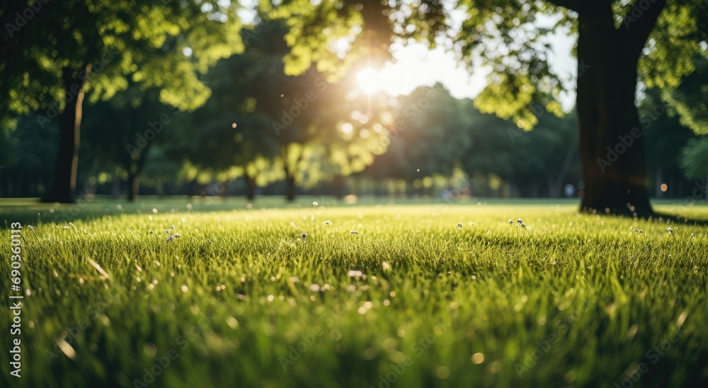 a grassy field with trees and sun in the background
