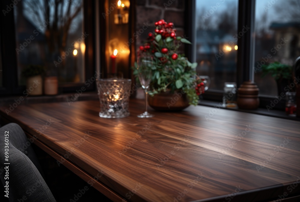 a kitchen table in the dining room with dark kitchen cabinets