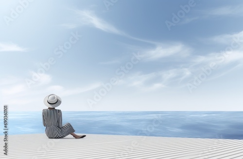 a girl wearing a hat is sitting on the edge of a wall looking at the ocean