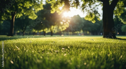 a grassy field with trees and sun in the background