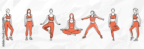 Harmonische Yogafrauen: Lineart Vektorgrafik-Bundle von Yogafrauen in korallenfarbenen Outfits