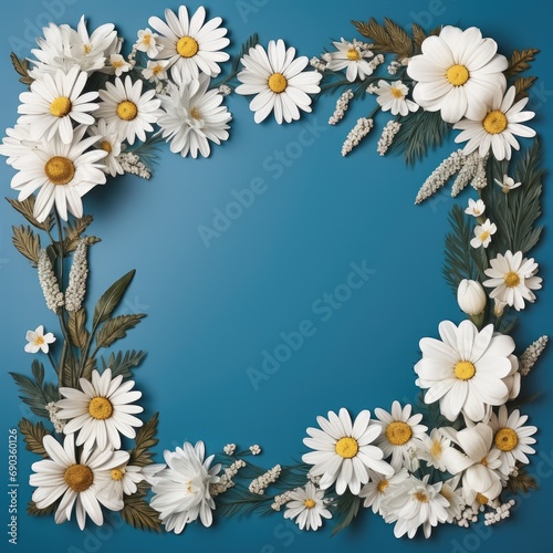 a frame made of daisies and rosemary on a blue background