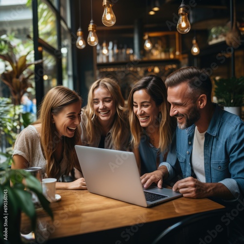 A group of coworkers gathered around a computer screen