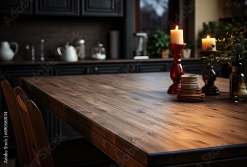 a kitchen table in the dining room with dark kitchen cabinets