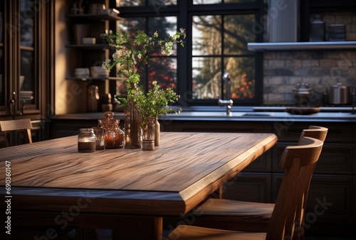 a kitchen table in the dining room with dark kitchen cabinets