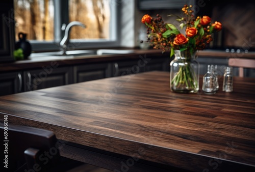a kitchen table in the dining room with dark kitchen cabinets